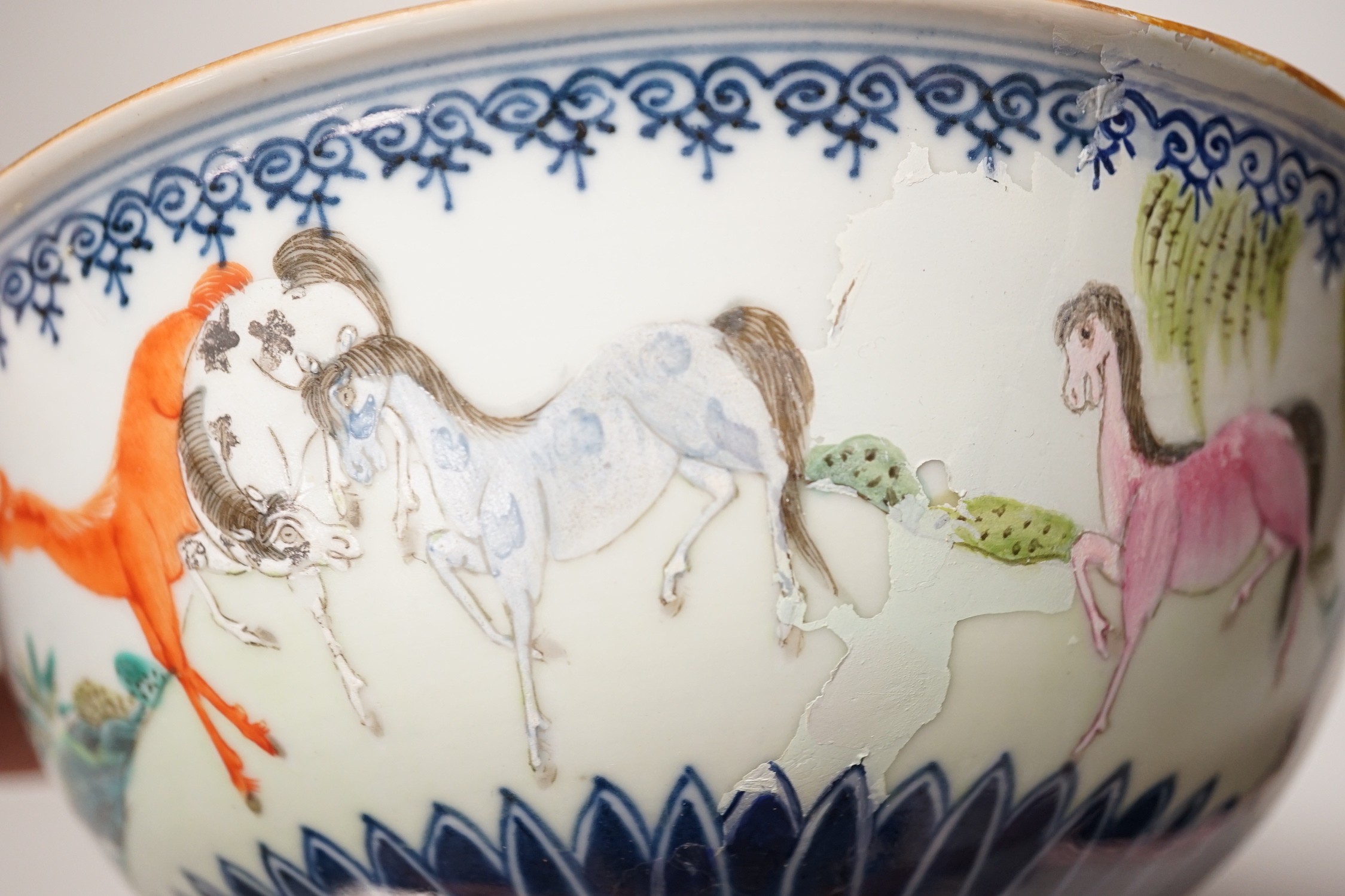 A Chinese famille rose 'eight horses' bowl, early 20th century, 18cm diameter